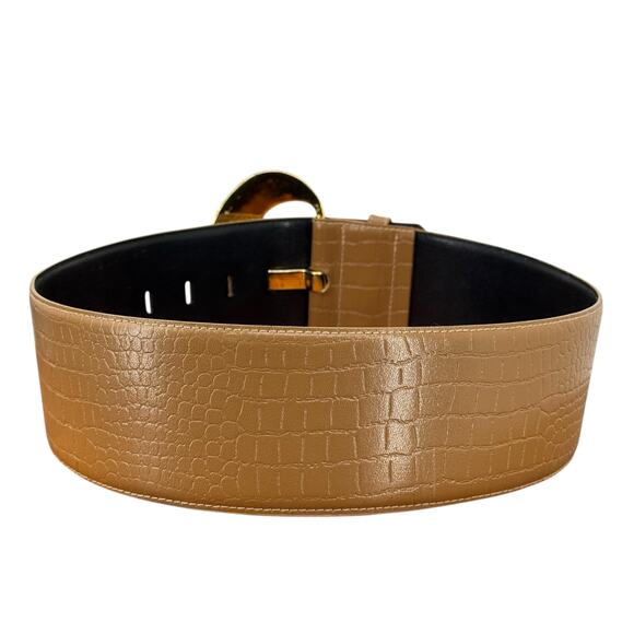 Magid Croco Embossed Wide Leather Belt Women's SZ M Brown Glam Retro Chic Party - Picture 4 of 10